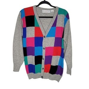Vintage 80s Kerri N Kelsey Lambswool Angora Rabbit Hair Colorblock Cardigan Sz M
